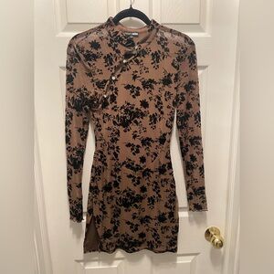 Fashion Nova Brown Floral Velvet Bodycon Dress
